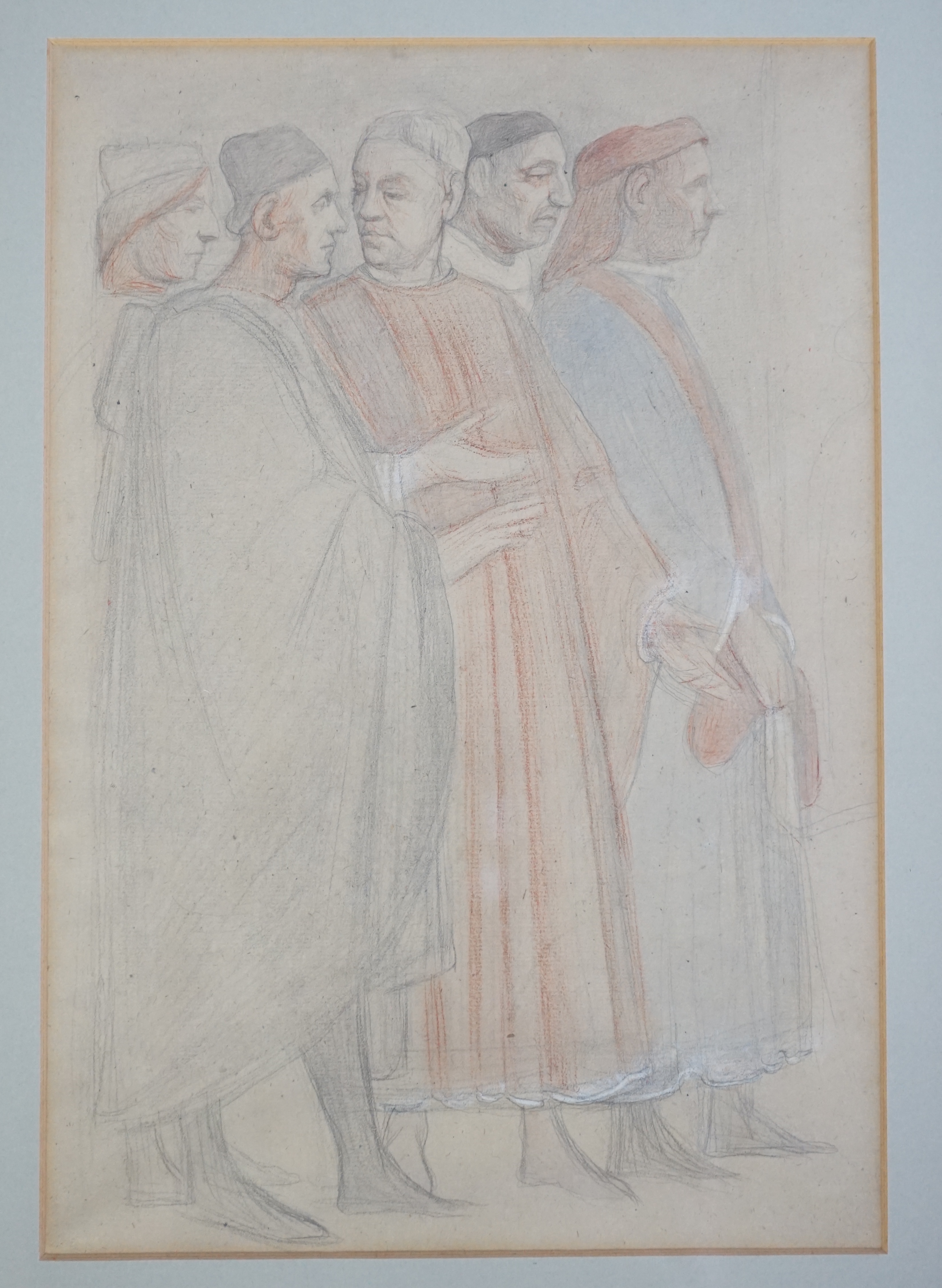 Alfred George Stevens (English, 1817-1875), Study of five standing figures, conté crayon and wash on light buff paper, 32 x 22cm